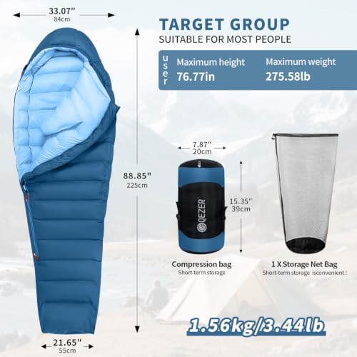 0 Degree Down Sleeping Bag for Adults,Cold Weather Backpacking