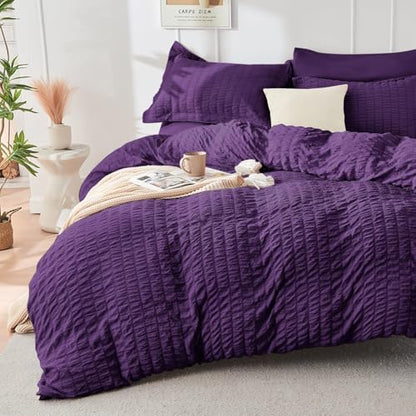 HYMOKEGE Dark Purple California King Comforter Set Seersucker 7 Pieces, All Season Luxury Bed in a Bag for Bedroom, Bedding Set with Comforter, Sheets, Pillowcases & Shams