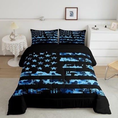 Erosebridal American Flag Comforter Set Full for Boys Kids Teens Bedroom, Camouflage Bedding Set United States Down Comforter USA Federations Stars Duvet Sets 3 Pieces with 2 Pillow Cases, Blue Black
