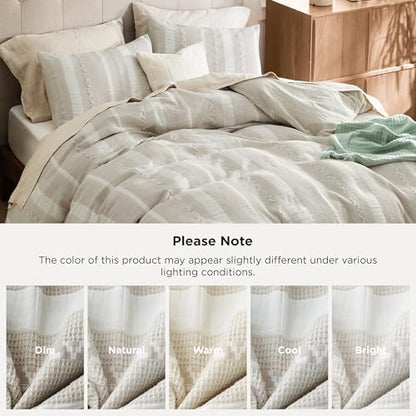 Bedsure PureWoven Boho Striped Cotton Waffle Duvet Cover Set, King, Linen