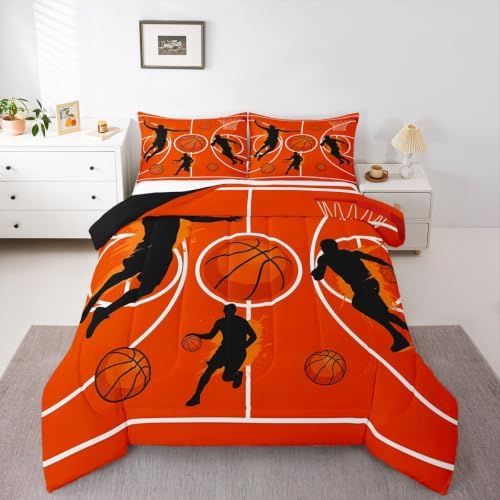 Graffiti Basketball Bedding Sets Full Size,Orange Court Line Comforter Set 3Pcs for Kids Girls Boys Youth Room Decor,Ball Sports Gaming Quilted Duvet Modern Fashion Down Comforter,2 Pillowcases