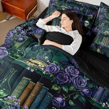 Erosebridal Mysterious Bookshelf 7 Piece Bedding Set Twin Purple Rose Comforter Set with Sheets Halloween Skull Flowers Bed in a Bag Retro Wizard Green Potion Bed Sets Comforter