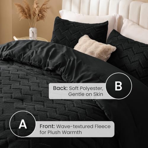 Love's cabin Fleece King Comforter Set, Fluffy Reversible Bedding, Black