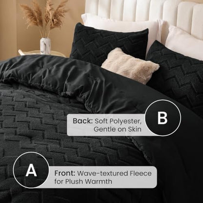 Love's cabin Fleece King Comforter Set, Fluffy Reversible Bedding, Black