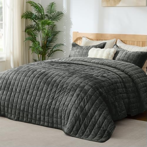 BEDELITE Velvet Quilt Set King Size, Luxury Velvet Comforter Bedding