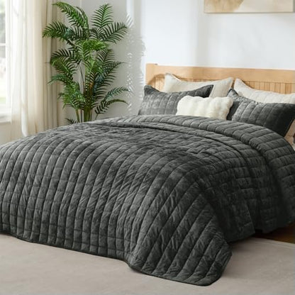 BEDELITE Velvet Quilt Set King Size, Luxury Velvet Comforter Bedding