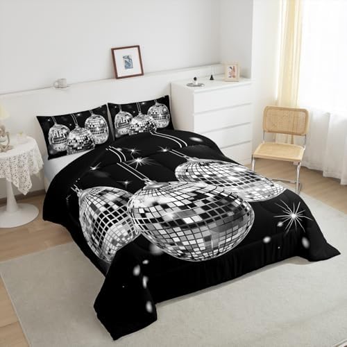 Homewish Dance Party King Size Comforter Set,Kids Vintage Music Black Decor All Season Bedding Set,Teens Disco Light Comforter,Geometric Square Circle Decor Quilt Set Bedroom Collection 3Pcs