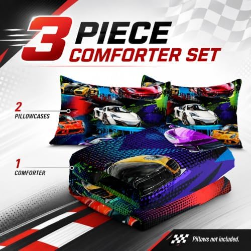 AILONEN Racing Car Comforter Set for Kids Boys Teens Full Size, Extreme Sports Bed in a Bag,Cool Speed Race Bedding Sets,Colorful Car Theme Duvet Set,1 Quilt and 2 Pillowcases,3 Pieces
