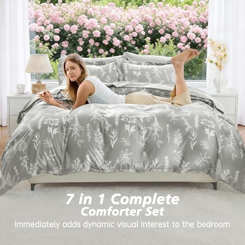 MUXHOMO Silver Grey Full Comforter Set, Elegant Floral Print Bed in a Bag 7 Pieces, Ultra Soft & Breathable Reversible Botanical Pattern Bedding Set with Comforter, Sheets, Pillowcases, and Shams