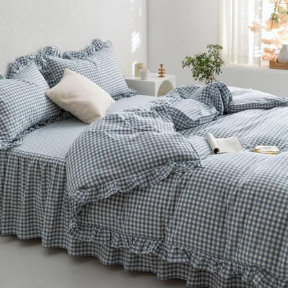 mixinni Blue White Gingham Ruffle Duvet Cover Twin XL Size 3 Pieces – 100% Washed Cotton, Vintage Plaid Ruffled Bedding Set with Zipper Ties, Soft Checkered Grid Farmhouse Chic Comforter Cover Set