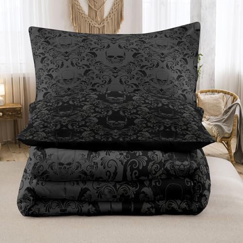 6pc Skull Comforter Set,Queen Size Gothic Bedding Sets for Kids,Gothic Comforter Set with 1 Quilt+1 Flat Sheet+1 Fitted Sheet+2 Pillowcases+1 Cushion Cover(Skulls Queen)