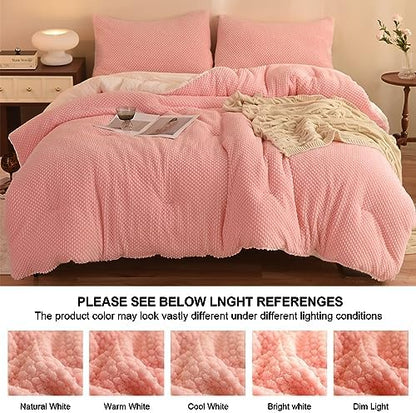 LLanCL 3D Jacquard Design Comforter Set, Ultra-Soft Warm Queen Size Sherpa Fur Plush 3-Pieces Sets Luxury Cozy Bedding with 2 Pillowcases (90"x90", Pink)