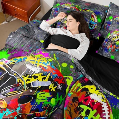 Erosebridal Graffiti Rugby Ball Queen Bedding Set - Colorful Rugby Helmet Bed in A Bag,Sports Comforter Sets with Sheets, Football Game 7 Pieces Bed Set Bedroom Decor