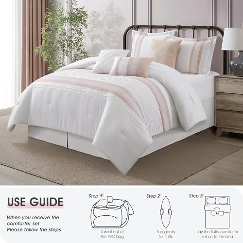 LANCO MODERN LIFESTYLE 7 Piece Comforter Set, Pink White, King Size, Boho Style Geometric Microfiber Embroidery, Bed in a Bag with Bedskirt, Pillow Shams and Decor Pillows