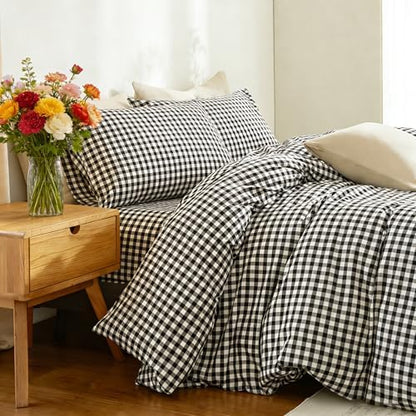 Gingham Duvet Cover Set 3 Piece 100% Washed Cotton Linen Feel Modern Plaid Checkered Bedding Comfy Breathable (Black/White Gingham, Queen)