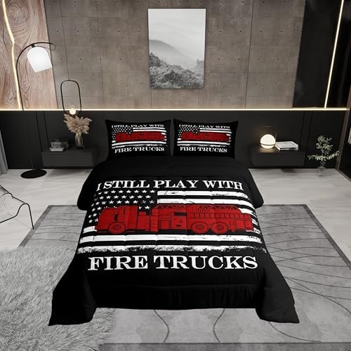 Fire Fighting Truck Comforter for Boys Kids,American Flag Comforter Set Queen Size Home Decor,Soft Firefighter Bedding Set,Red Black White Teens Bedroom Down Duvet,1 Comforter with 2 Pillowcases