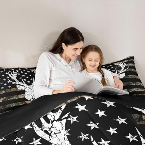 Feelyou Camo American Flag Deer Hunting Comforter Set Queen Bedding Set