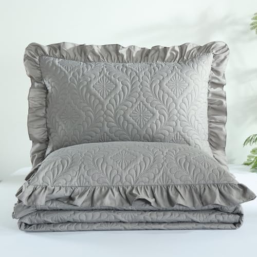 DJY Grey Quilts Queen Size - Ruffled Lightweight Soft Queen Quilt, Reversible Coverlet Bedding Set for All Season 3 Piece (1 Quilt, 2 Pillow Shams)
