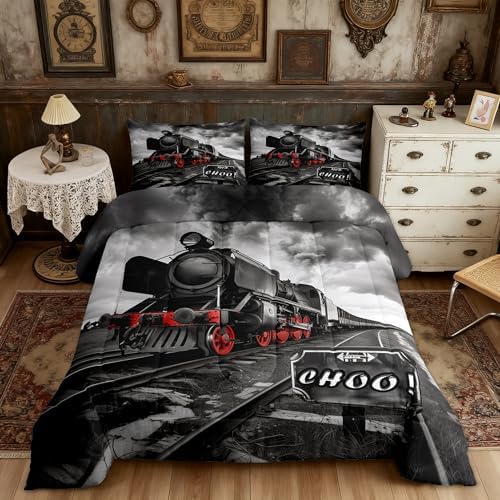 Retro Train Boys Bedding Set Queen Size,Black Red Old Train Car Comforter Set Rail Transportation Vehicles Quilt Set for Kids Girls Teens Room Decor,Vintage 3D Train Duvet Insert,2 Pillowcases