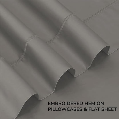 Feather & Stitch 500 TC Twin Size 3pc Damask Bed Sheet Set, 100% Soft Cotton Breathable Bedsheets, 18" Deep Pockets Sateen Weave Striped Bedding Mattress Resort Hotel Luxury Decor - (Ash Grey)