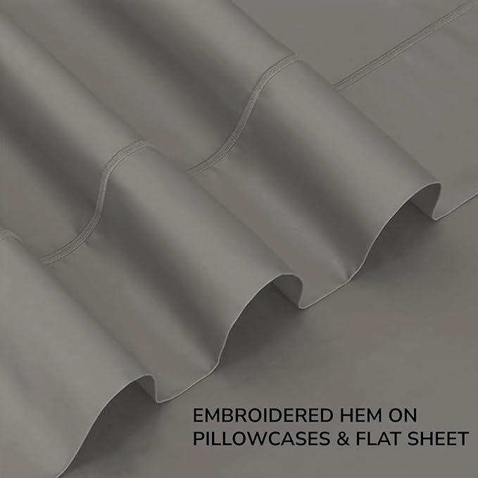 Feather & Stitch 500 TC Full Size 4pc Damask Bed Sheet Set, 100% Soft Cotton Breathable Bedsheets, 18" Deep Pockets Sateen Weave Striped Bedding Mattress Resort Hotel Luxury Decor - (Ash Grey)