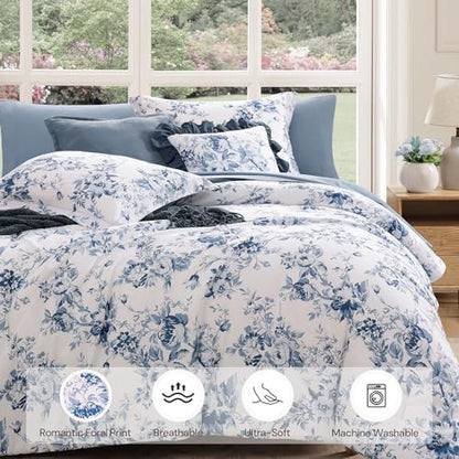 BLOOMHAVEN Oversized Queen Comforter Set-7 Pieces Blue Floral Bed in a Bag
