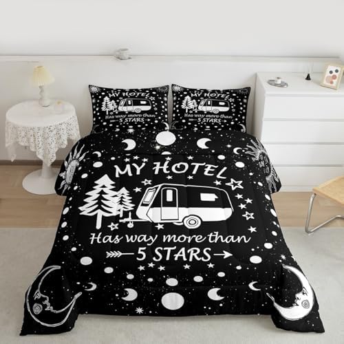 Happy Camping Comforter Set Full Size,Camper RV Trailer Decor Bedding Set 3pcs for Kids Boys Girls Adults,Sun Moon Starry Sky Romantic Down Comforter,Black White Unique Duvet Insert,2 Pillowcases