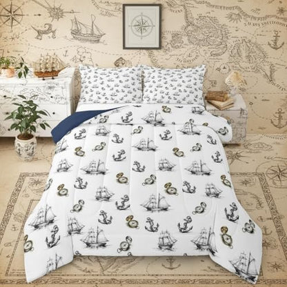 Castle Fairy Anchor Nautical Compass Comforter Set Twin Size Ships Sailboat Bedding Set 2pcs,Retro Sketch Style for Kids Boys Girls Room Decor,Ocean Adventure Piece All Season with 1 Pillowcase