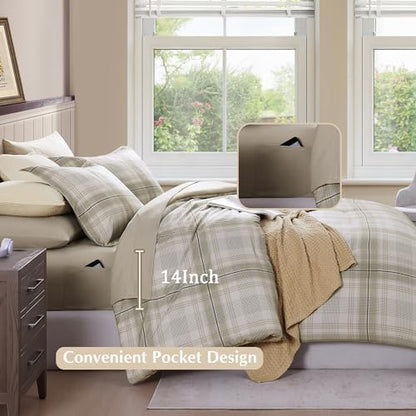 Plaid Queen Comforter Set Khaki Green 7 Pieces Farmhouse Bed in a Bag