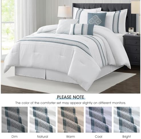 LANCO MODERN LIFESTYLE 7 Piece Comforter Set, Blue White, California King, Boho Style Geometric Microfiber Embroidery, Bed in a Bag with Bedskirt, Pillow Shams and Decor Pillows