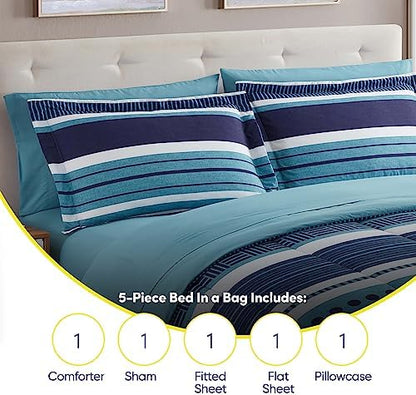 Sweet Home Collection 7 Piece Comforter Set Bag Solid Color All Season Soft Down Alternative Blanket & Luxurious Microfiber Bed Sheets, Marino, Twin