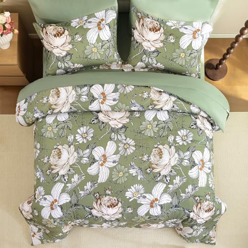 Luxudecor King Comforter Set 7 Pieces Bedding Sets,Olive Green Floral Comforter and Sheet Set,Soft Microfiber Bed in a Bag for All Seasons (Olive Green,104"x90")