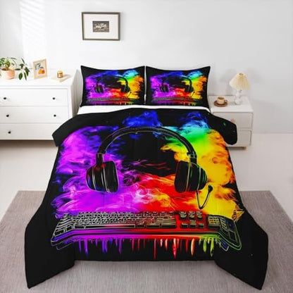 Erosebridal Gaming Keyboard Comforter Set Gaming Headphones Girl Toddler Bedding Set for Kids Boys Watercolor Smoke Fire Comforter Gamer Headset Quilt