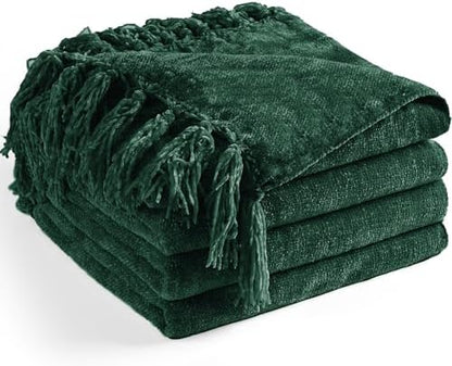 Chenille Throw Blanket for Couch 50" x 60", Dark Green