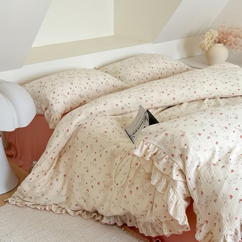 VM VOUGEMARKET Muslin Cotton Duvet Cover Queen Shabby Chic Red Floral Rabbit Bedding Set with Ruffles,Soft, Breathable Linen Like Gauze Comforter Cover with Zipper Closure