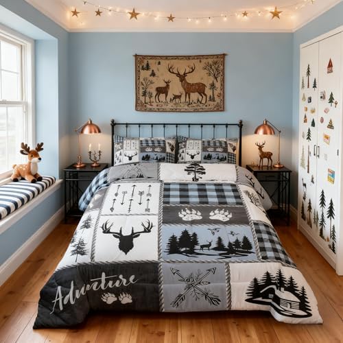 Deer Bear Kids Comforter Set Full Size,Hunting Adventure Rustic Farmhouse Bedding Set for Boys Girls Adults Room Decor,Geometric Plaid Patchwork Down Comforter,Blue Xmas Duvet Insert,2 Pillowcases