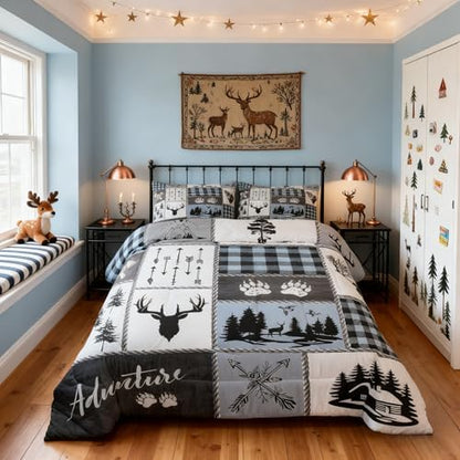 Deer Bear Kids Comforter Set Full Size,Hunting Adventure Rustic Farmhouse Bedding Set for Boys Girls Adults Room Decor,Geometric Plaid Patchwork Down Comforter,Blue Xmas Duvet Insert,2 Pillowcases