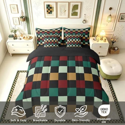 Checkered Retro Comforter Set With Sheets 7 Piece King Size Green Red Yellow Plaid Bedding Set for Kids Boys Girls Geometric Vintage Bed in a Bag Modern Simple Groovy Aesthetic Room Decor Soft