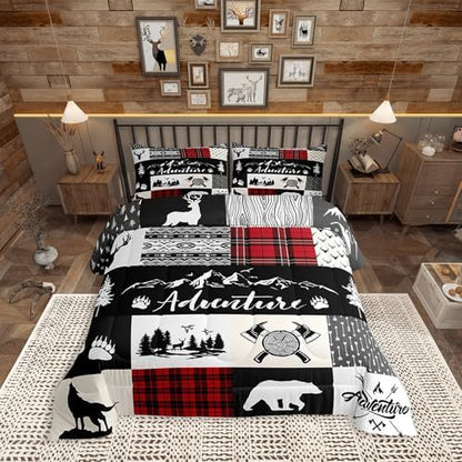 Castle Fairy Deer Antlers Comforter Set King Size,Bear Pine Wolf Hunting Camper Bedding Set All Season Quilt Set,Adventure Rustic Farmhouse Red Plaid Microfiber Polyester Down Comforter