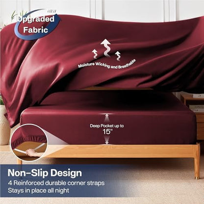 MR&HM Queen Sheets 4 Pieces, Rayon Derived from Bamboo Blend, Burgundy