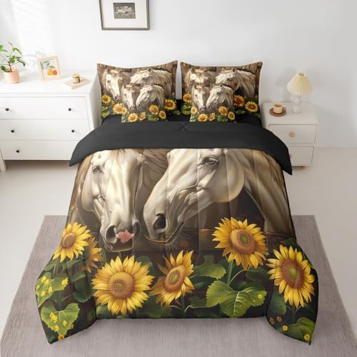 Erosebridal Rustic Horse Bedding Set Twin,Yellow Sunflower Comforter Set,Western Farmhouse(Comforter+Fitted+Flat Sheet+2 Pillowcases+2 Throw Pillow Covers) 7 Pieces Cowboy Cowgirls Bed Set