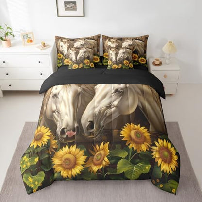 Erosebridal Rustic Horse Bedding Set Twin,Yellow Sunflower Comforter Set,Western Farmhouse(Comforter+Fitted+Flat Sheet+2 Pillowcases+2 Throw Pillow Covers) 7 Pieces Cowboy Cowgirls Bed Set