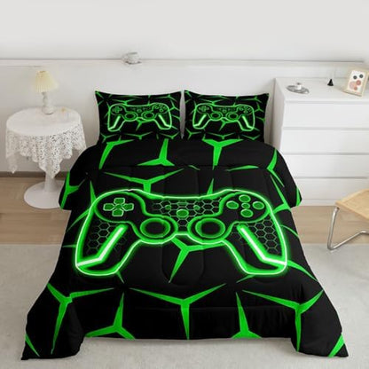 Feelyou Gamer Bedding Set Full Size Gaming Duvet Quilt for Kids Teens Adults Game Controller Comforter Set Geometric Gamepad Green Room Decor 3Pcs with 2 Pillow Case