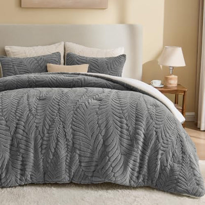 BEDELITE Fluffy Sherpa King Comforter Set,Leaf-Grey
