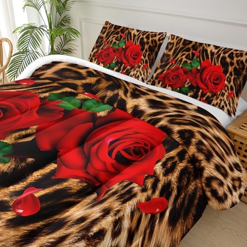 Red Rose and Leopard Print Comforter Set King (1 Comforter,2 Pillowcases),Rose Flower Cheetah Pattern Bedding Set for Boys Girls,Soft Microfiber Floral Quilt Set,Bedroom Decor,All Season