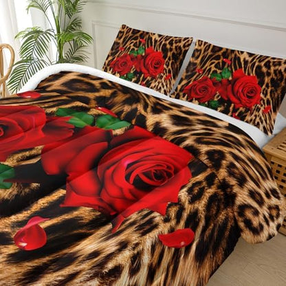 Red Rose and Leopard Print Comforter Set King (1 Comforter,2 Pillowcases),Rose Flower Cheetah Pattern Bedding Set for Boys Girls,Soft Microfiber Floral Quilt Set,Bedroom Decor,All Season