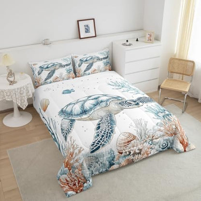 Homewish Sea Turtle Comforter Set Full Size,Ocean Coral Shells Bedding Set 3Pcs for Kids Girls Boys Adult Room Decor,Underwater World Quilt Set Wild Animals Duvet Insert,2 Pillowcases