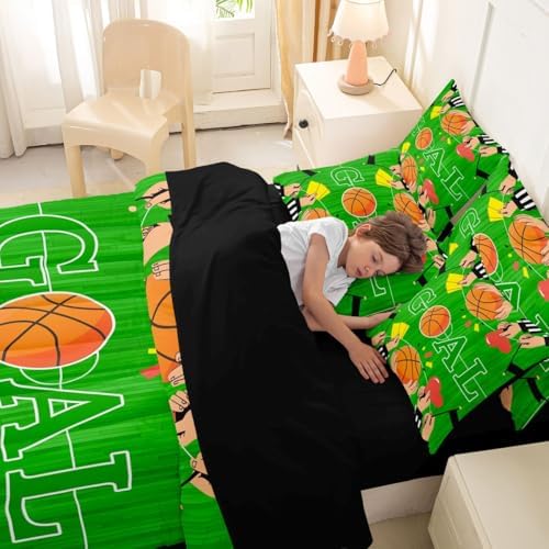 Erosebridal Boys Basketbal Gaming Pattern Green Boys Kids King 7-Piece Comforter Set | Playground Sheets and Pillowcases Ball Games Sports Theme Bed in A Bag Geometric Bed Sets