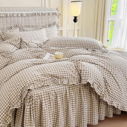 LifeTB Tan Gingham Comforter Set Twin XL Vintage Ruffle Taupe Plaid Checkered Comforter Set 3 Pieces Soft Fluffy Beige Grid Bed Comforter with 2 Pillowcases Farmhouse Gingham Bedding Set