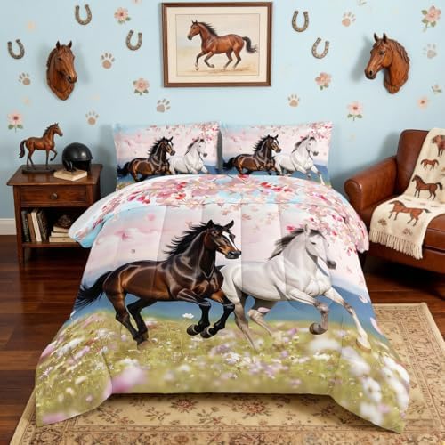 HOSIMA Horse Twin Comforter for Girls Western Bedding with 2 Pillowcases.